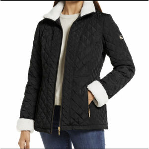 Gallery Black Quilted Puffer Jacket with Faux Shearling Trim, S